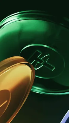 Green and gold crypto coins rendered in close-up