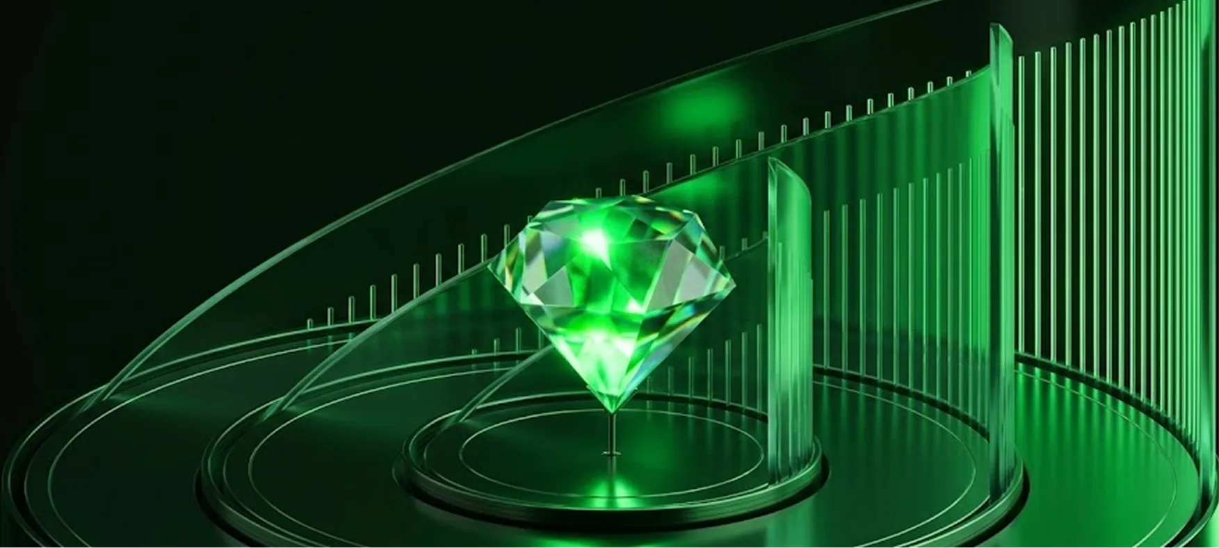 Green diamond on a pedestal surrounded by rising glass bars